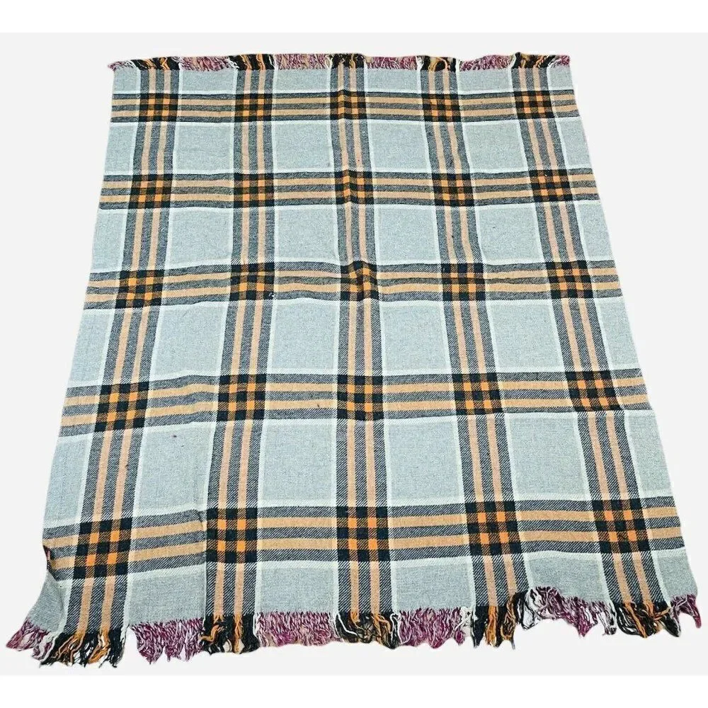 Vtg All Wool British Made Plaid Blanket 65 x 52 Reversible Purple Orange Grey